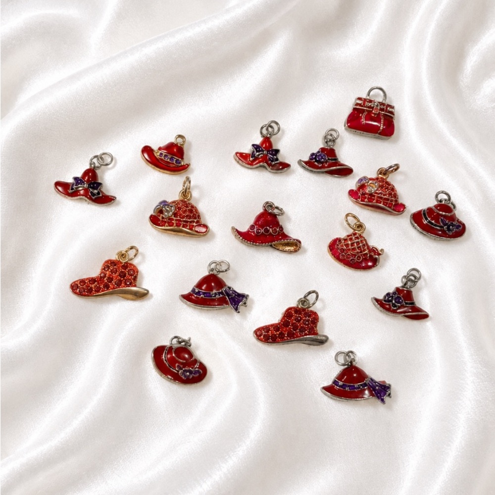RED HAT SOCIETY Red Enamel Hat & Purse Charms - @16” Set of Assorted Red Charms